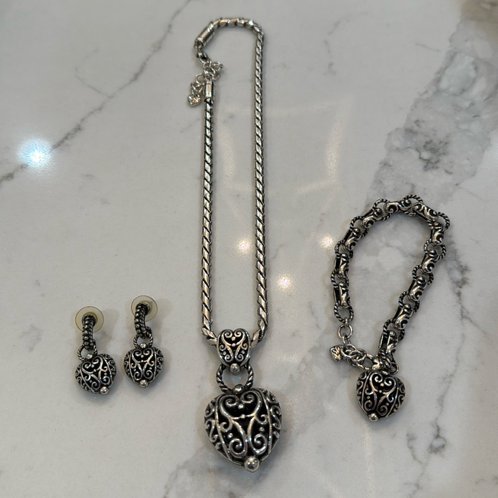 Brighton Large Filigree Puffy Heart Pendant Jewelry Set